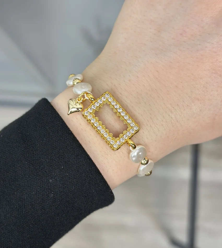 Gram Altınlık Yassı İncili Kalpli Bileklik