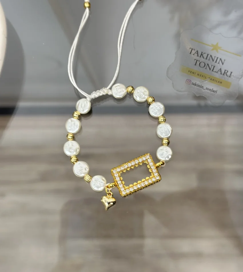 Gram Altınlık Yassı İncili Kalpli Bileklik