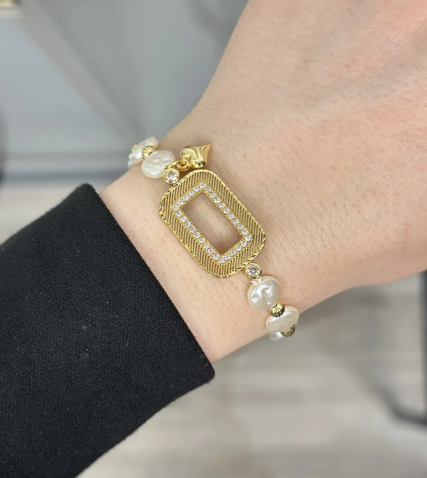 Hasır Gram Altınlık Yassı İncili Kalpli Bileklik