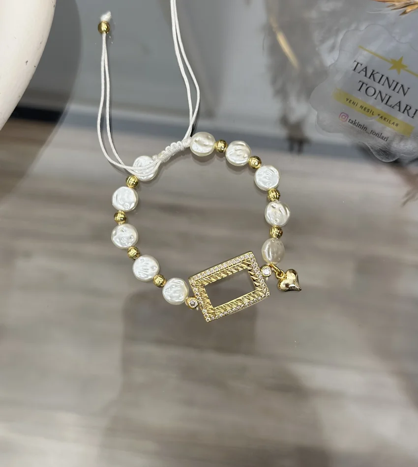 Kalem İşi Gram Altınlık Yassı İncili Kalpli Bileklik