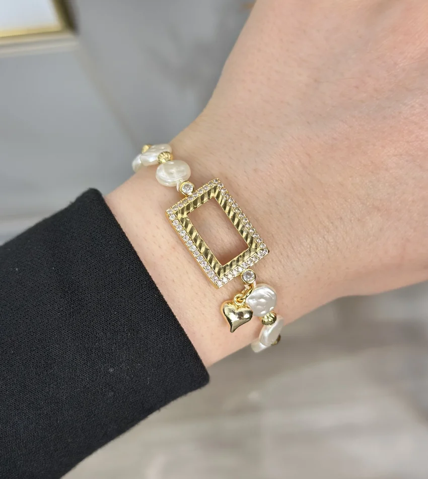 Kalem İşi Gram Altınlık Yassı İncili Kalpli Bileklik