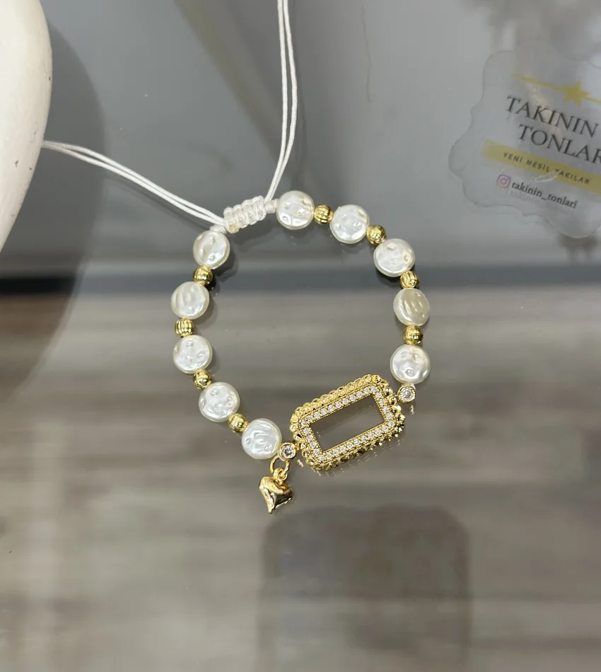 Tomurcuk İşi Gramlık Yassı İncili Kalpli Bileklik