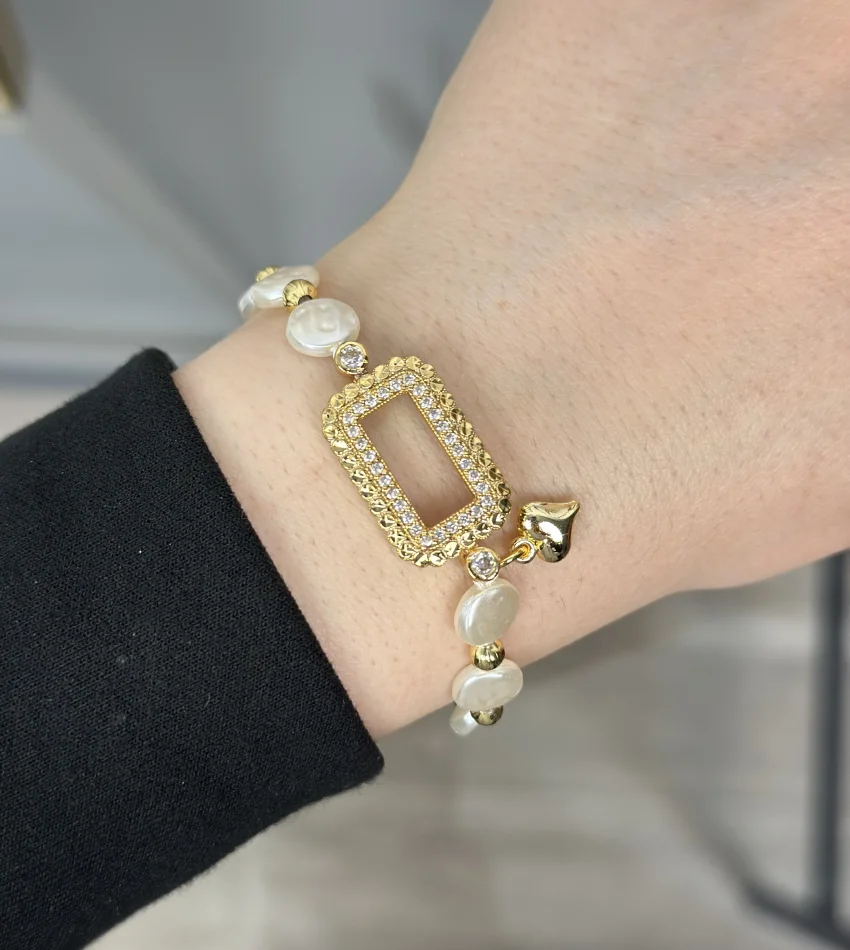 Tomurcuk İşi Gramlık Yassı İncili Kalpli Bileklik