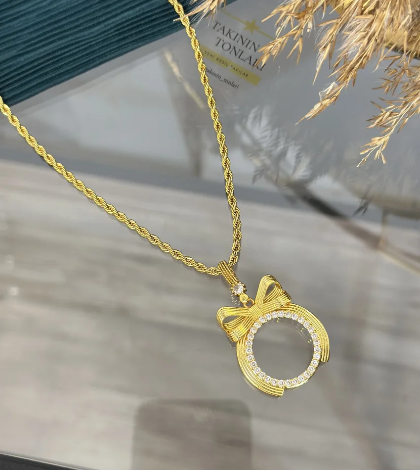 Yarım Altın Kasalı Burgu Zincirli Fiyonk Kolye (60 cm)