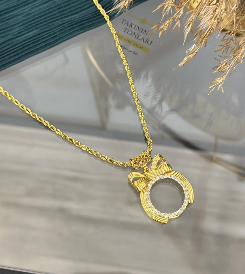 Yarım Altınlık Geniş Hasır Kulplu Burgu Zincir Fiyonk Kolye (60 cm)