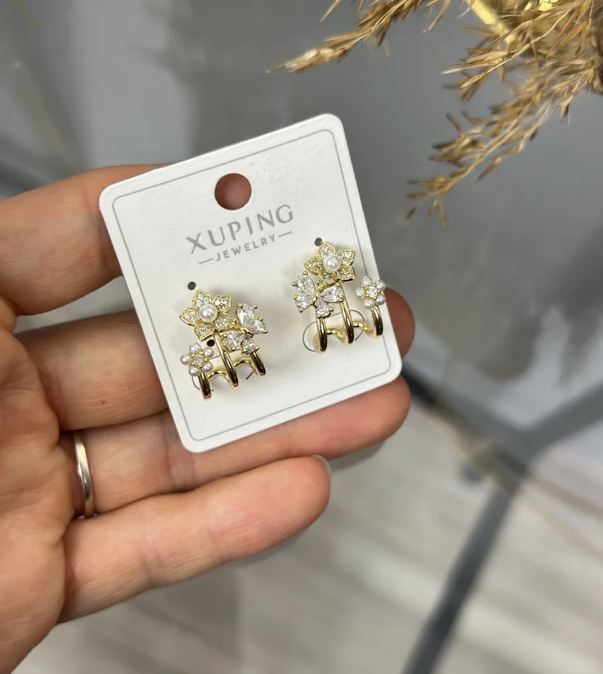 XP Tek Delikle Üçlü Görünüm İncili Küpe (Çelik)