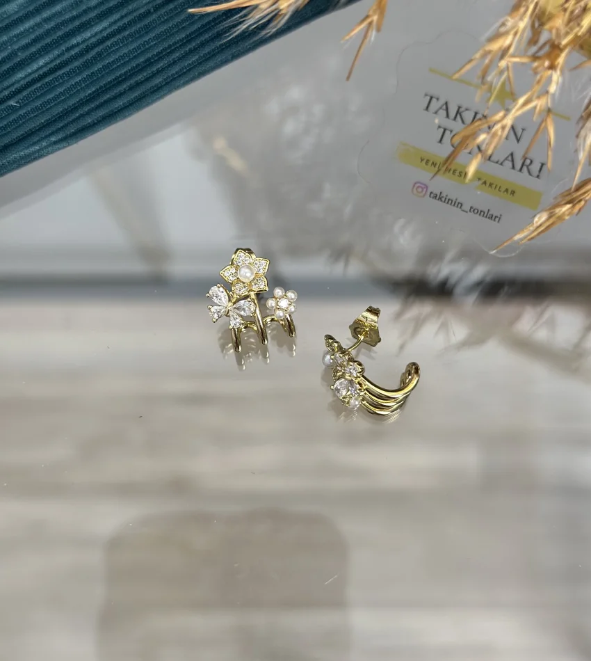 XP Tek Delikle Üçlü Görünüm İncili Küpe (Çelik)