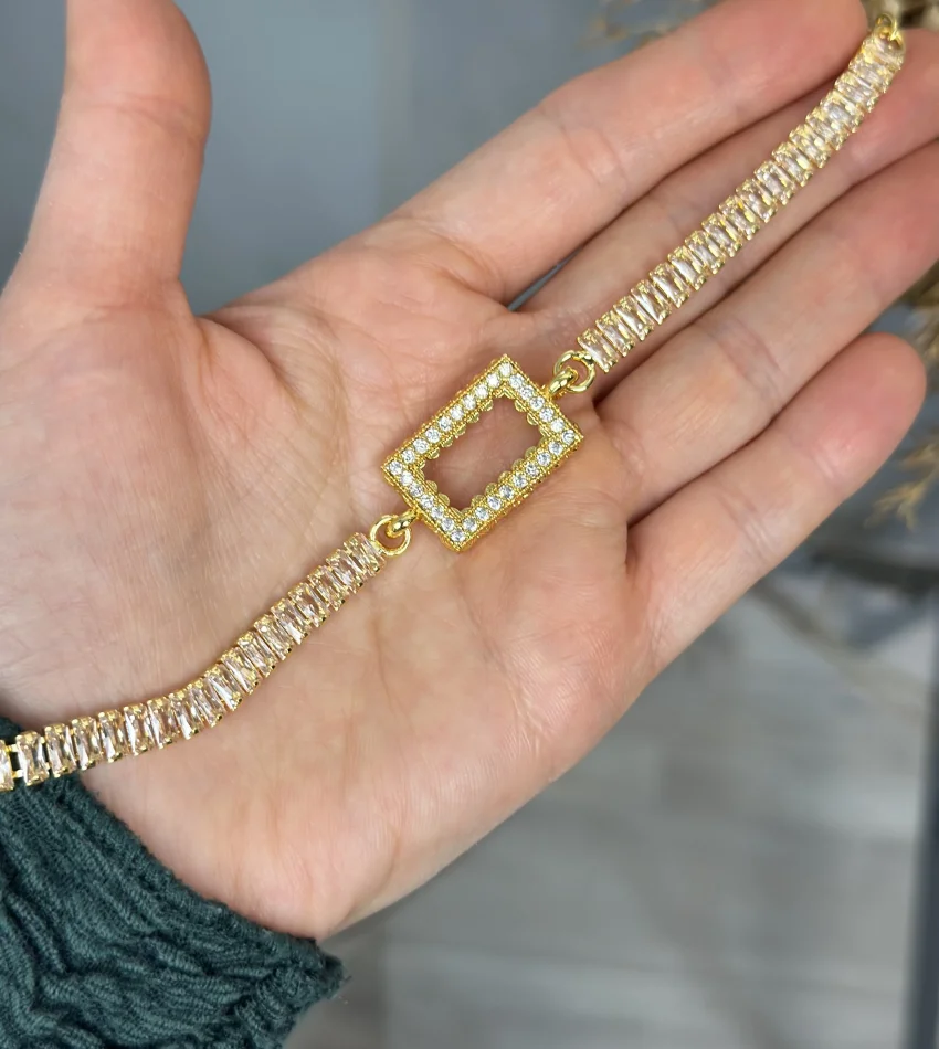 Dikdörtgen Gram Altınlık Kristal Baget Bileklik (17+3 cm)
