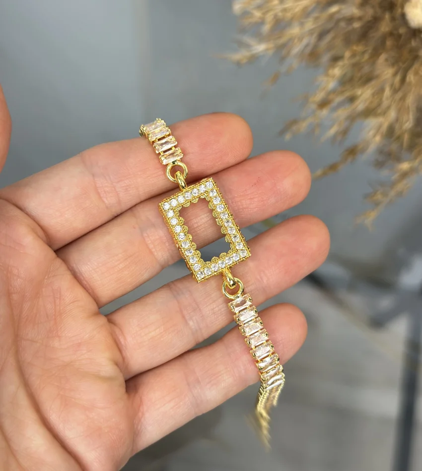 Dikdörtgen Gram Altınlık Kristal Baget Bileklik (17+3 cm)