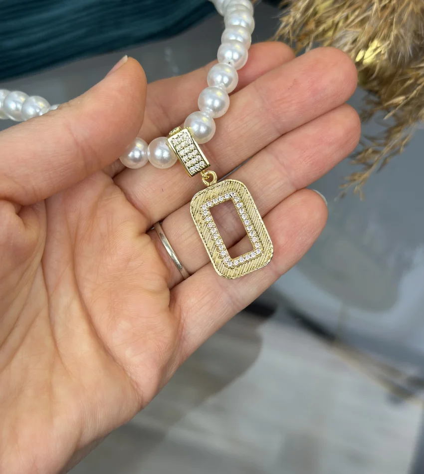 Gram Altınlık Hasır Çerçeveli İncili Kolye