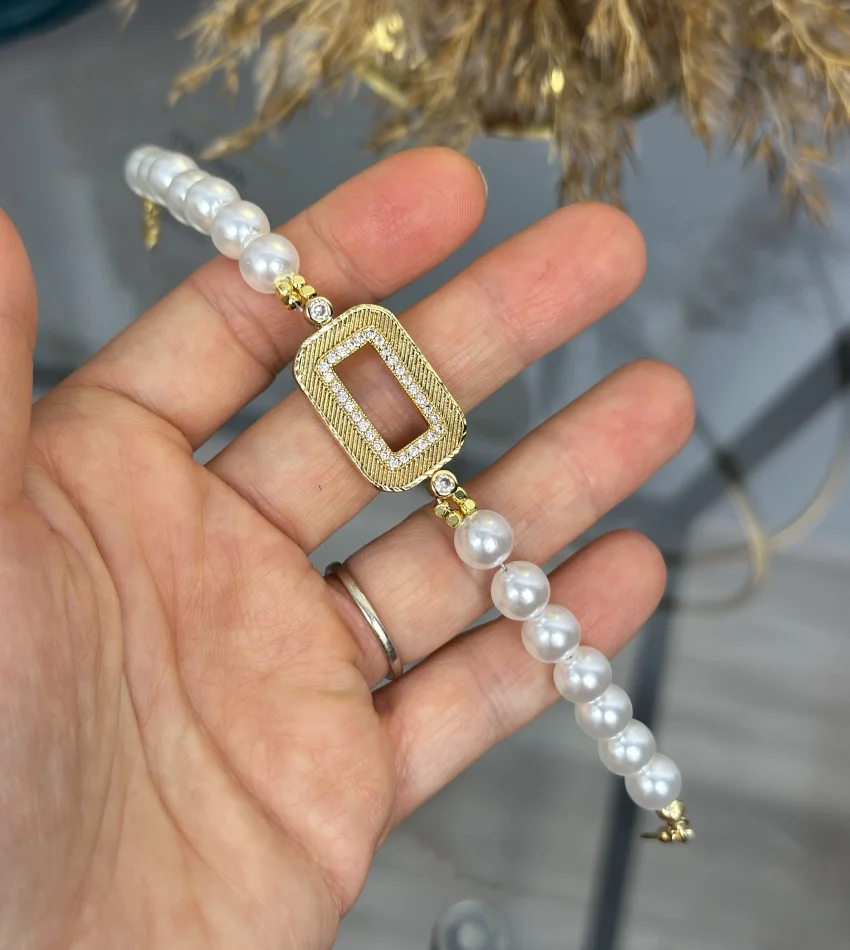 Gram Altınlık Hasır Çerçeveli İncili Bileklik