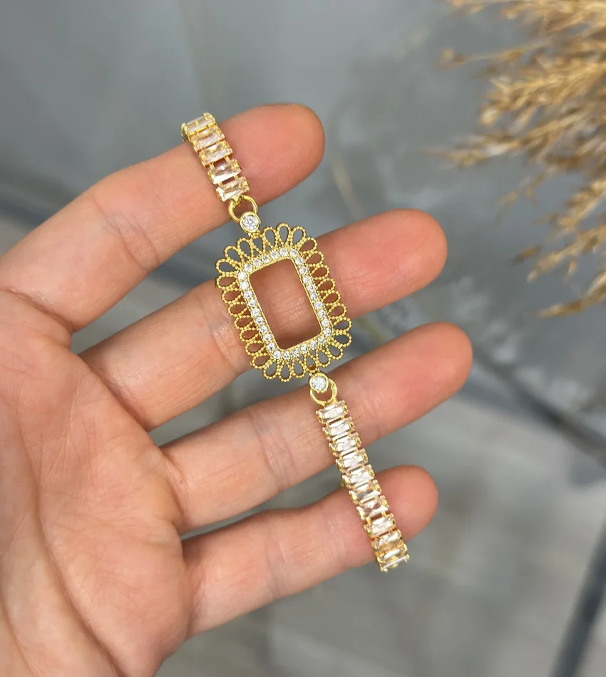 Gramlık İşlemeli Çerçeve Kristal Baget Bileklik (17+3 cm)