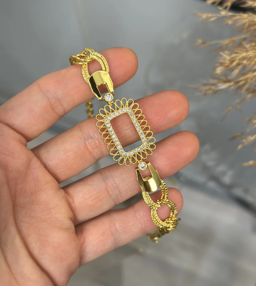 Gram Altınlık İşlemeli Çerçeve Samanyolu Bileklik (17+3 cm)