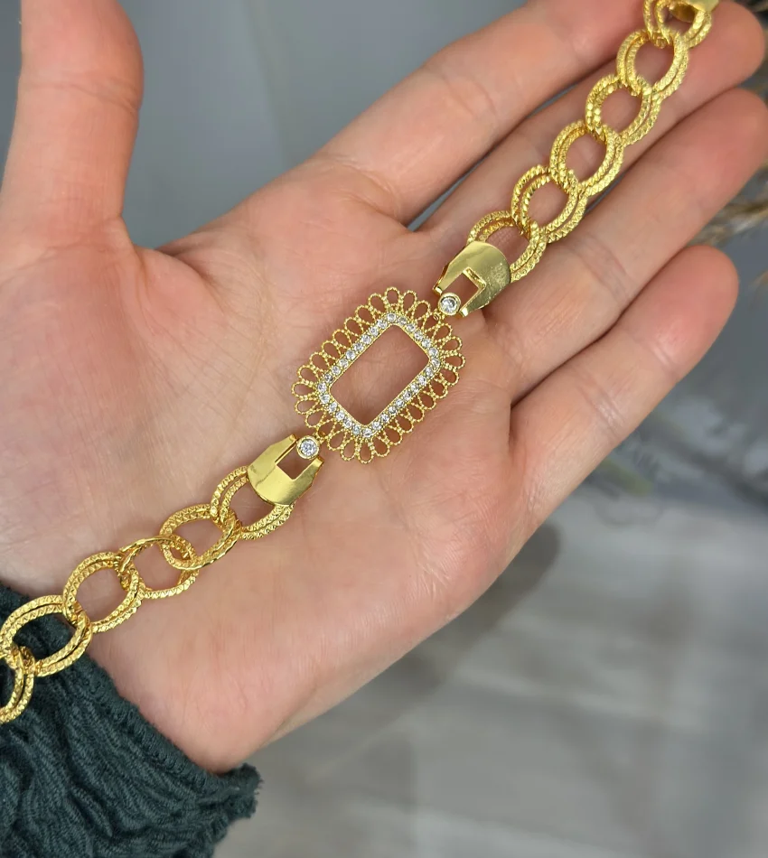 Gram Altınlık İşlemeli Çerçeve Samanyolu Bileklik (17+3 cm)