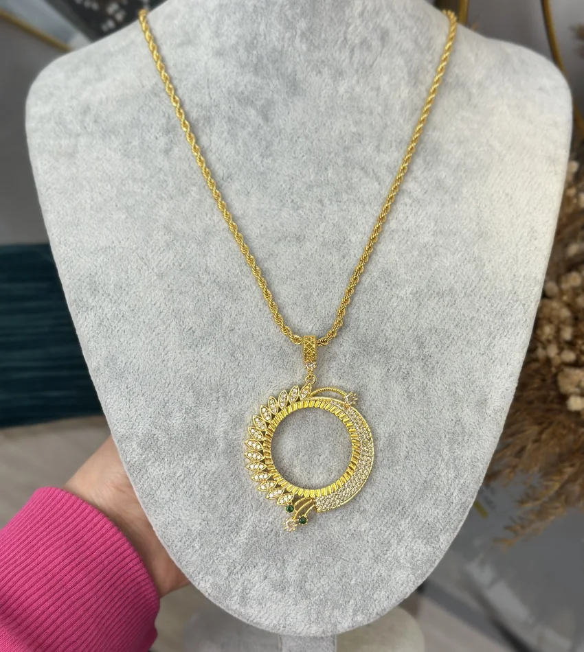 Tam Altınlık Yeşil Taşlı Burgu Kolye (60 cm)