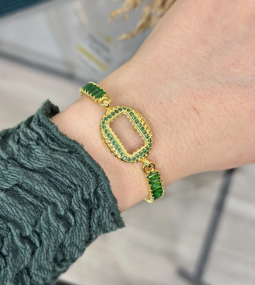 Oval Gramlık Yeşil Taşlı Baget Bileklik (17+3 cm)