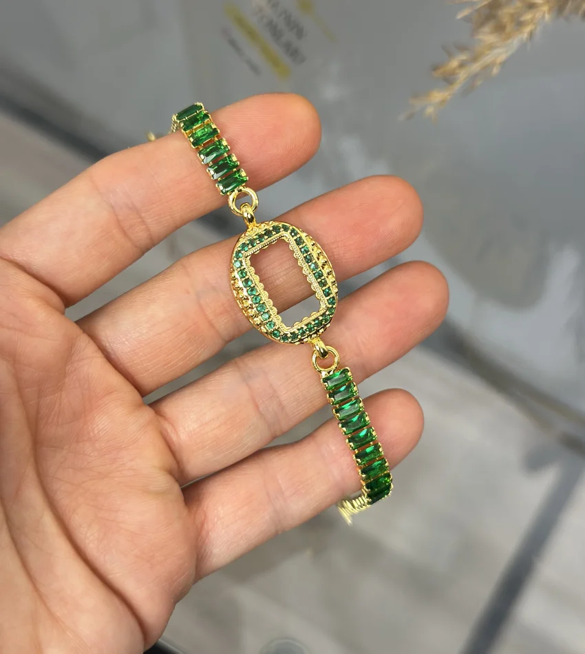 Oval Gramlık Yeşil Taşlı Baget Bileklik (17+3 cm)