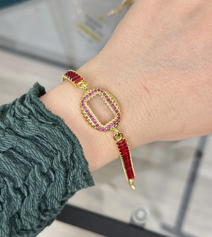 Oval Gramlık Kırmızı Taşlı Baget Bileklik (17+3 cm)