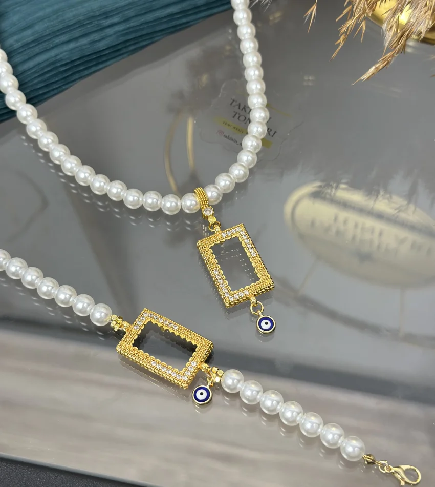 5 Gramlık Yarım Taşlı Nazarlı İnci Set (Kolye 50 cm)