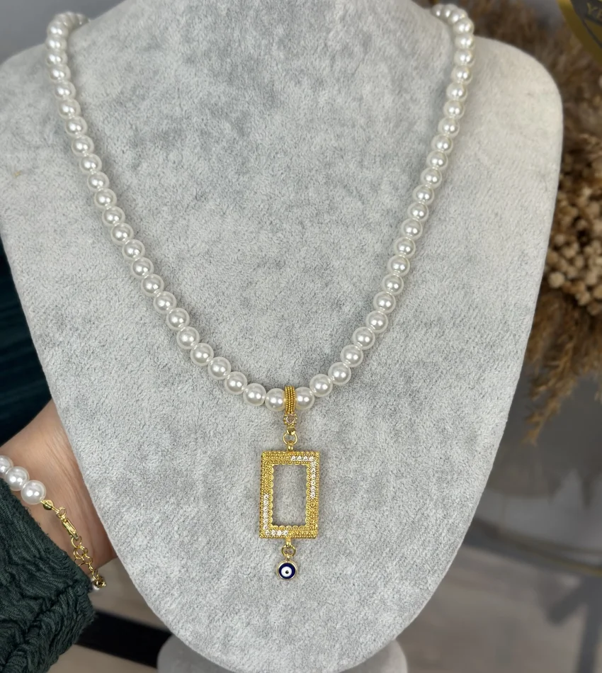 5 Gramlık Yarım Taşlı Nazarlı İnci Set (Kolye 50 cm)