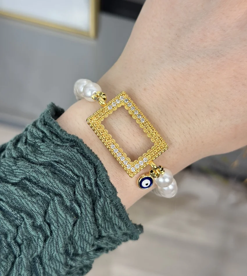 5 Gramlık Yarım Taşlı Nazarlı İnci Set (Kolye 50 cm)