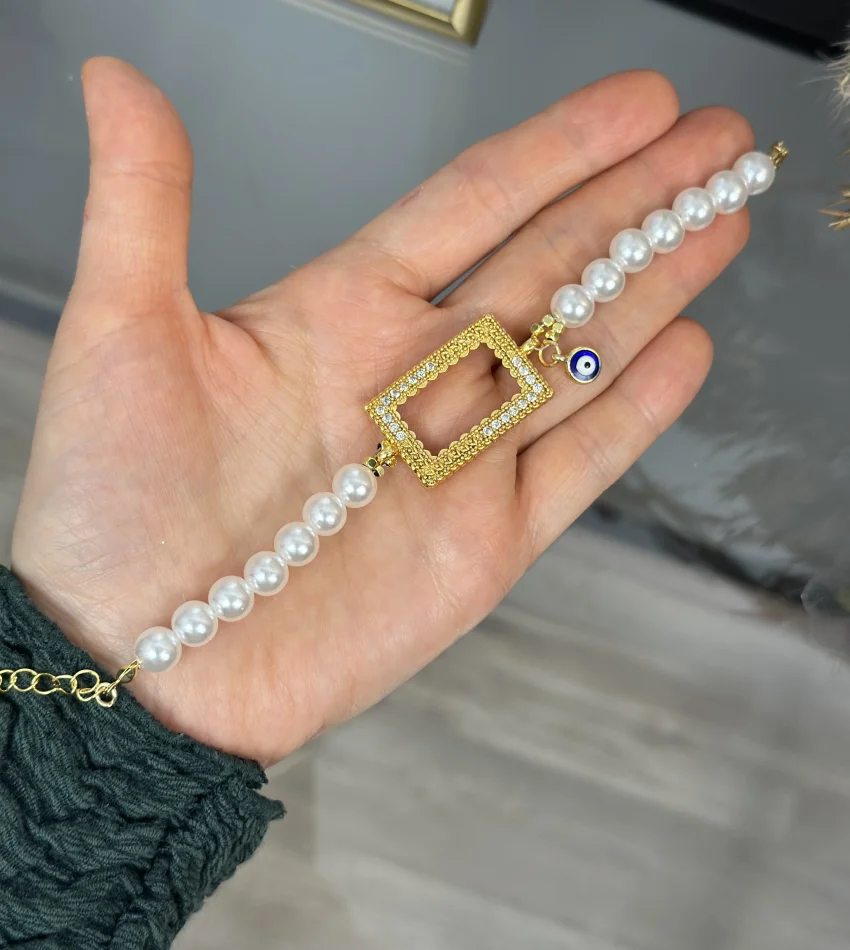 5 Gramlık Yarım Taşlı Nazarlı İnci Set (Kolye 50 cm)