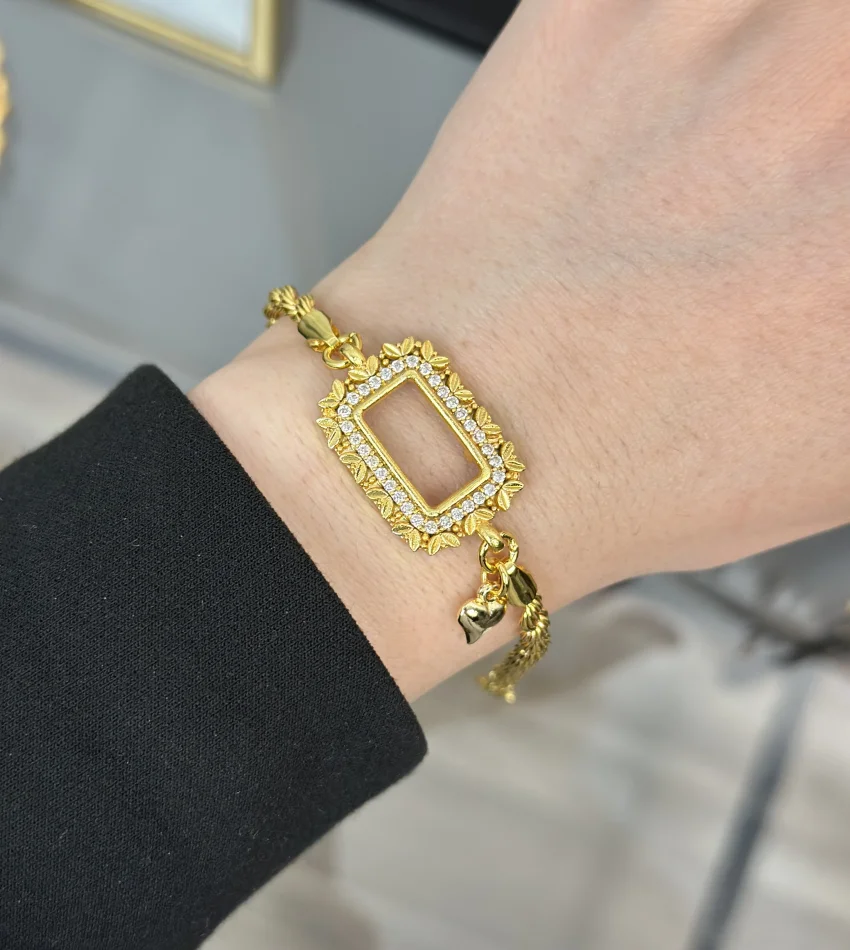 Gram Altınlık Yaprak İşlemeli Kalpli Burgu Bileklik (17+3 cm)