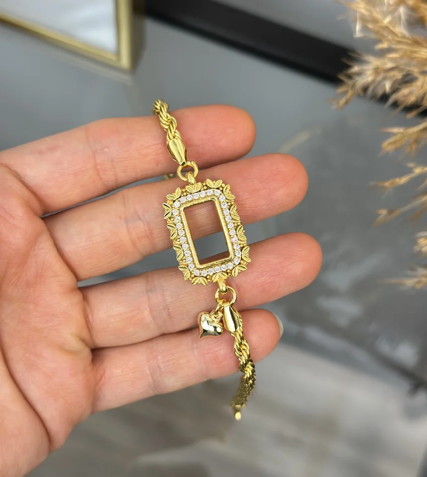 Gram Altınlık Yaprak İşlemeli Kalpli Burgu Bileklik (17+3 cm)