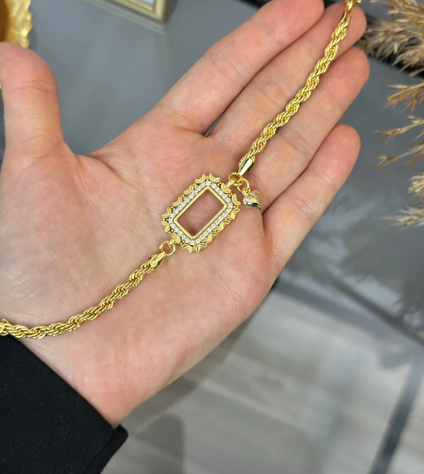 Gram Altınlık Yaprak İşlemeli Kalpli Burgu Bileklik (17+3 cm)