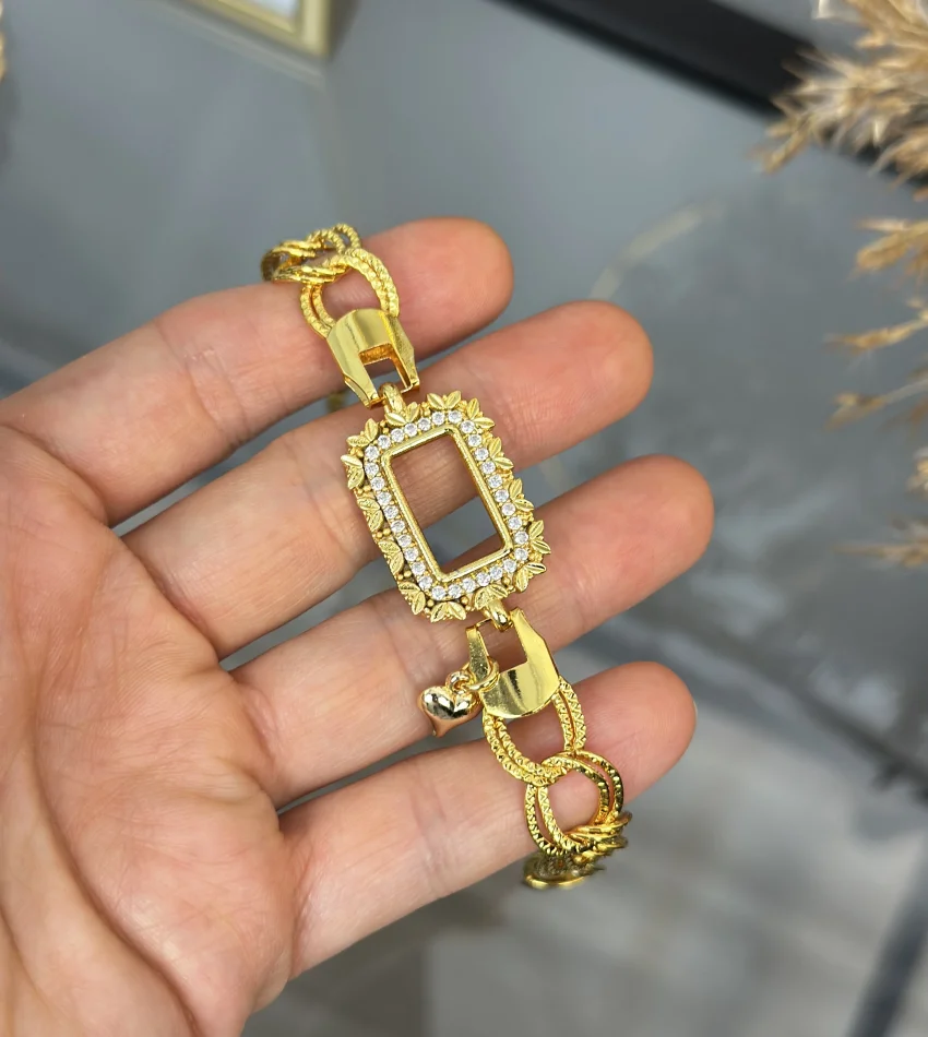 Gram Altınlık Yaprak İşlemeli Kalpli Samanyolu Bileklik (17+3cm)