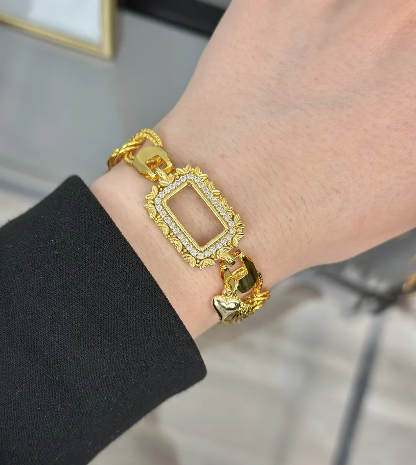 Gram Altınlık Yaprak İşlemeli Kalpli Samanyolu Bileklik (17+3cm)