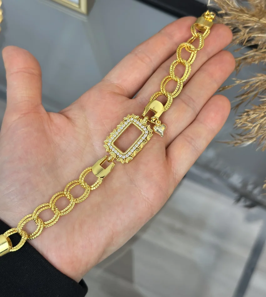 Gram Altınlık Yaprak İşlemeli Kalpli Samanyolu Bileklik (17+3cm)