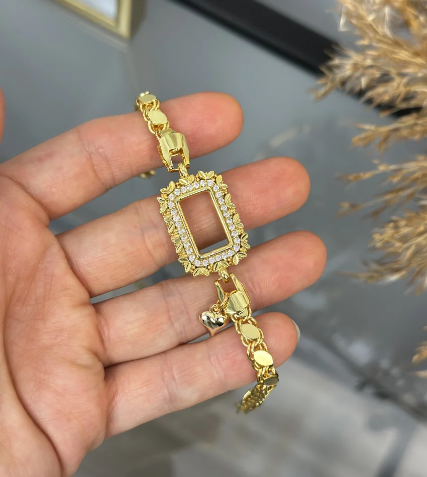 Gram Altınlık Yaprak İşlemeli Kalpli Arpa Bileklik (17+3 cm)