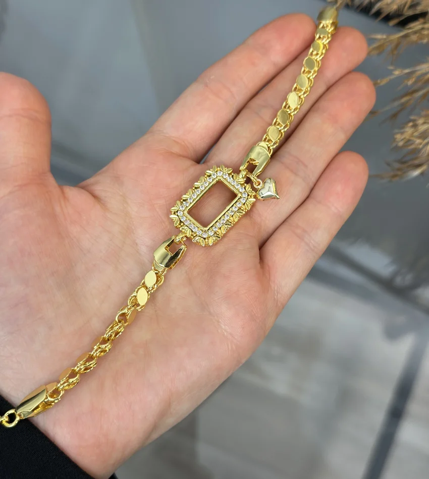 Gram Altınlık Yaprak İşlemeli Kalpli Arpa Bileklik (17+3 cm)