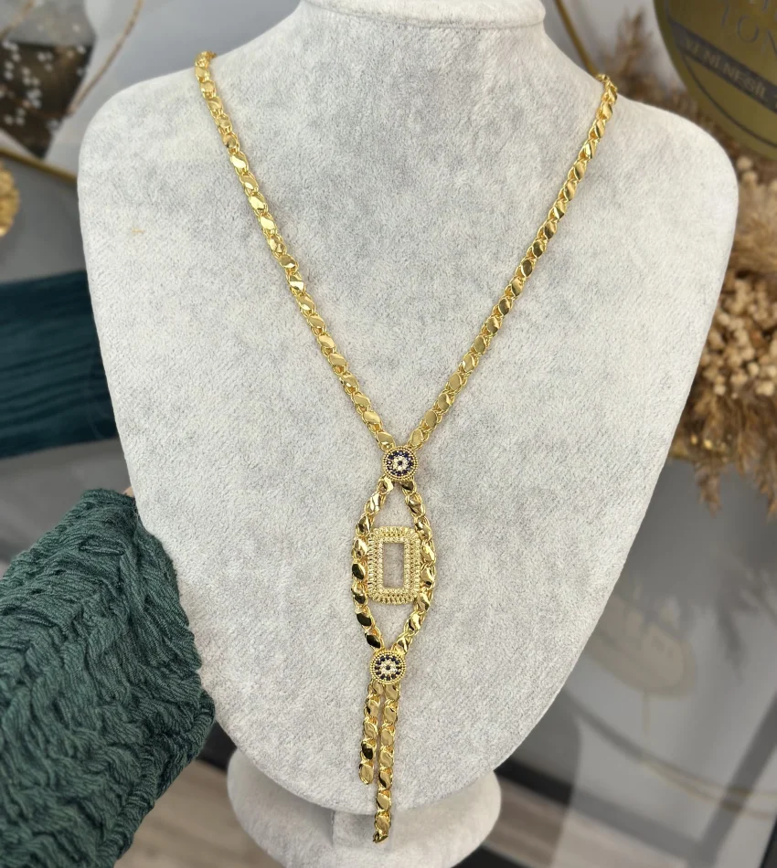 Gram Altınlık Çift Sıra Nazarlı Arpa Kolye (60 cm Zincir+10 cm gramlı kısım )