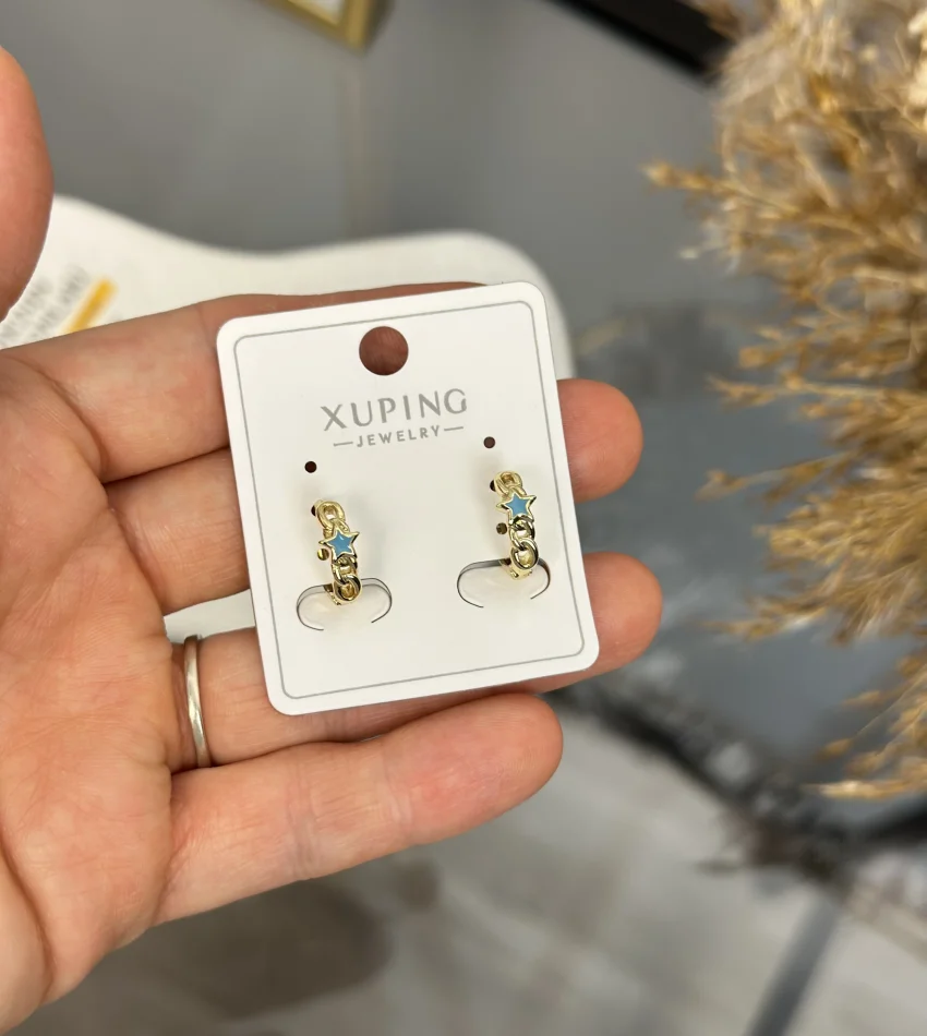 Çelik XP Marka Mavi Yıldızlı Çocuk Halka Küpe