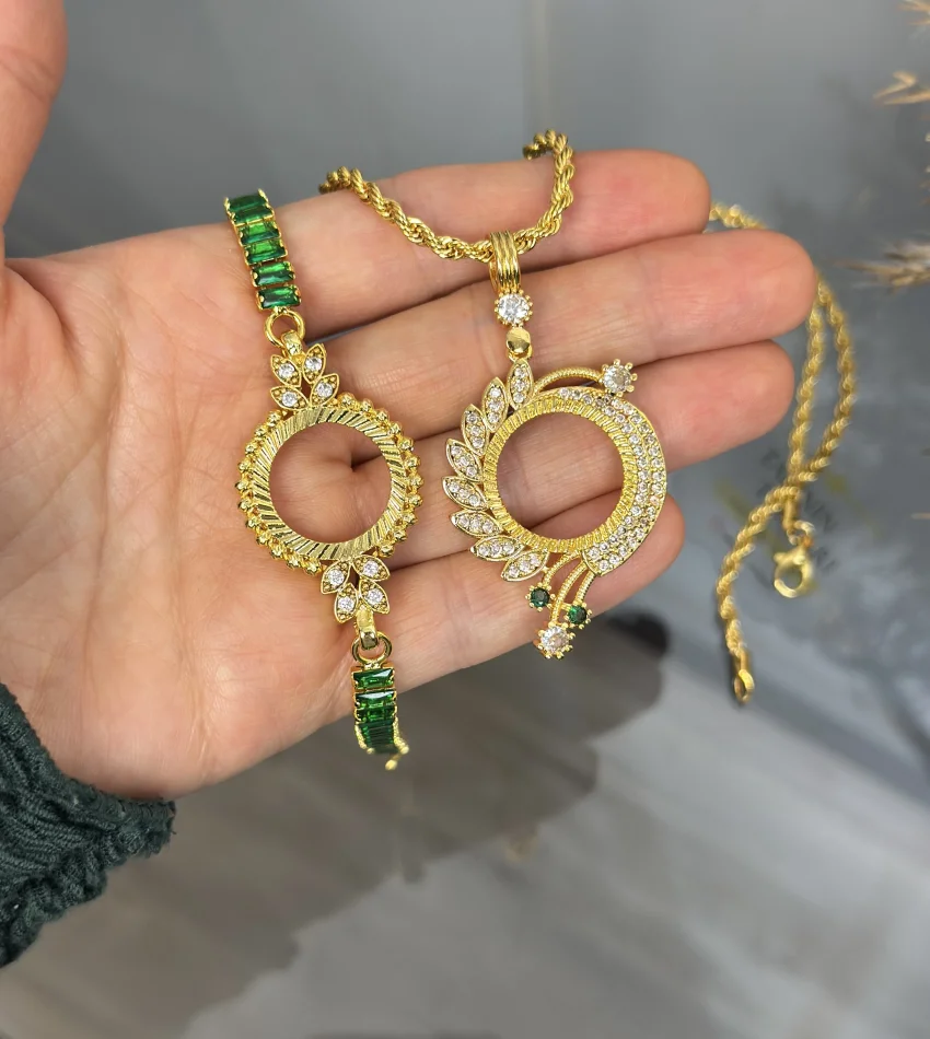 Çeyreklik Yaprak Detaylı Yeşil Taşlı Kombin (Kolye 60 cm)