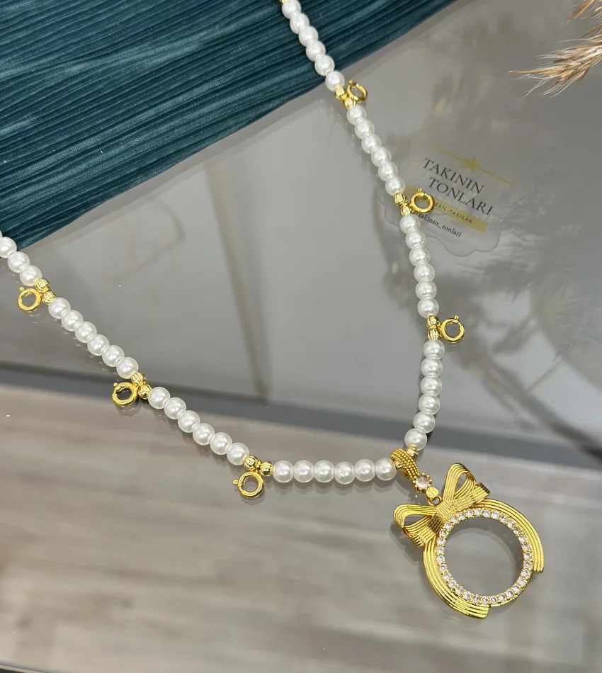 Yarım Altınlık Fiyonklu Dokuzu Biryerde İnci Kolye (60 cm)