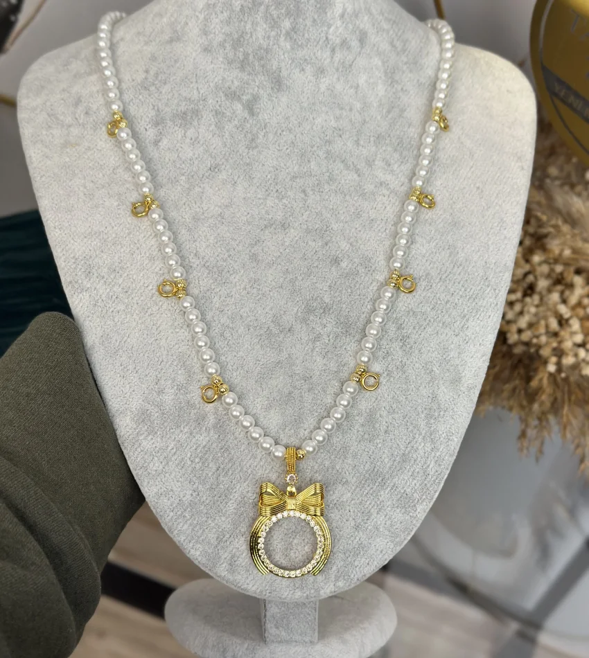 Yarım Altınlık Fiyonklu Dokuzu Biryerde İnci Kolye (60 cm)