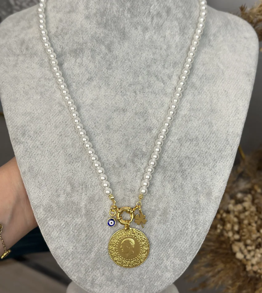 Dümen Kilit Tam Altınlı İnci Kolye (60 cm)