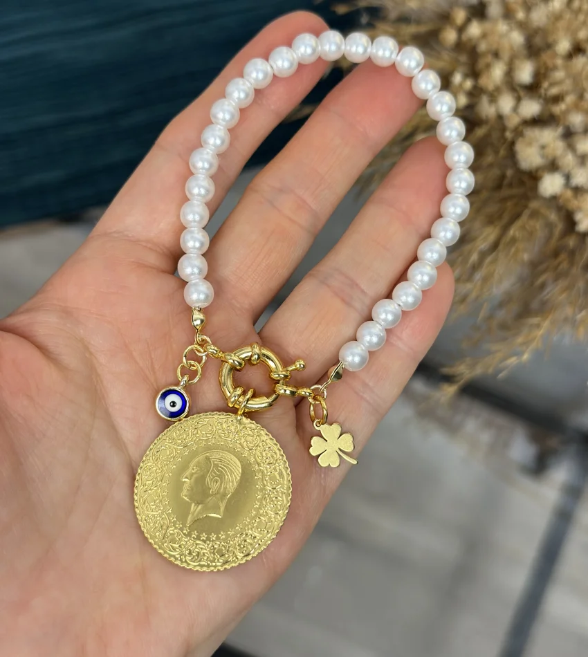 Dümen Kilit Tam Altınlı İnci Bileklik (18 cm)