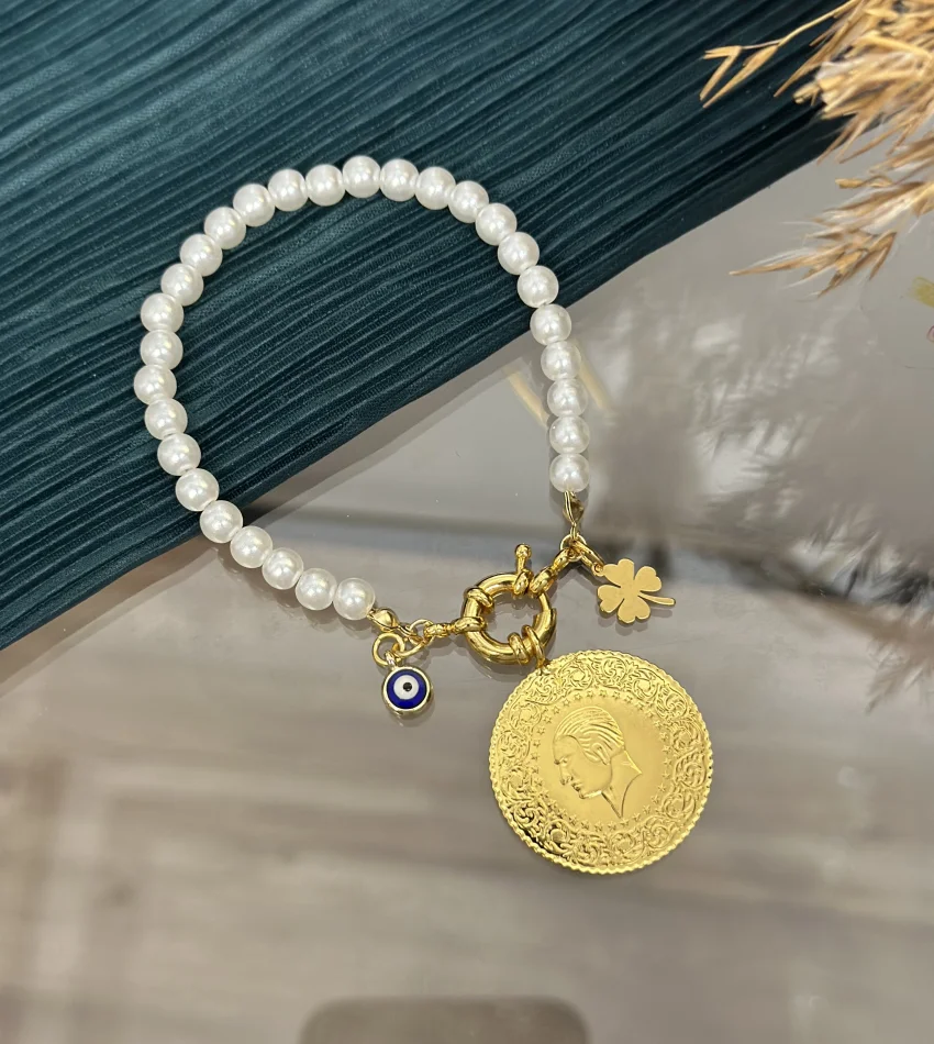 Dümen Kilit Tam Altınlı İnci Bileklik (18 cm)