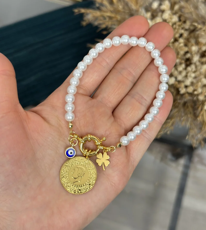 Dümen Kilit Yarım Altınlı İnci Bileklik (18 cm )