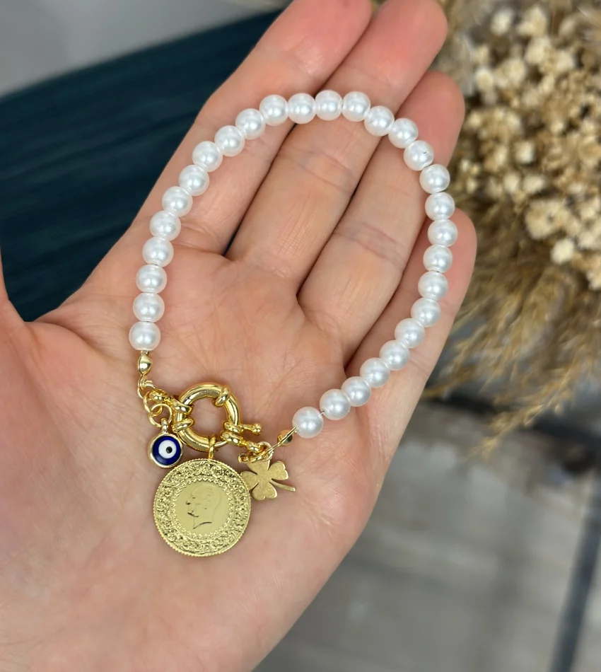 Dümen Kilit Çeyrek Altınlı İnci Bileklik (18 cm)