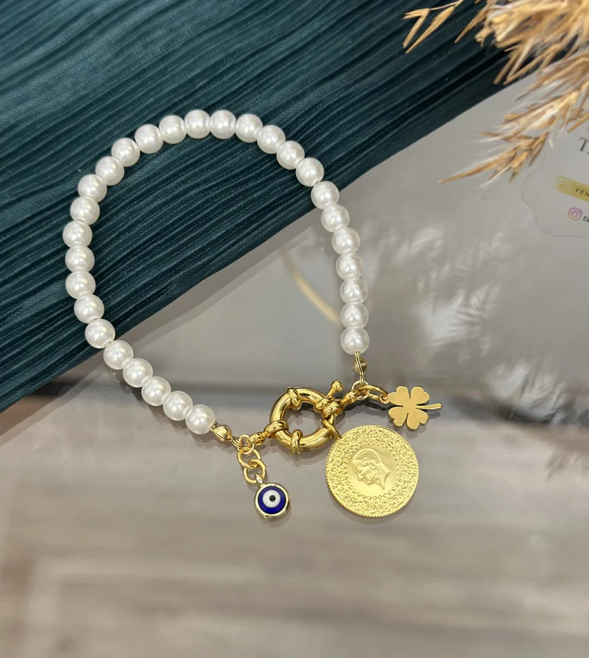 Dümen Kilit Çeyrek Altınlı İnci Bileklik (18 cm)
