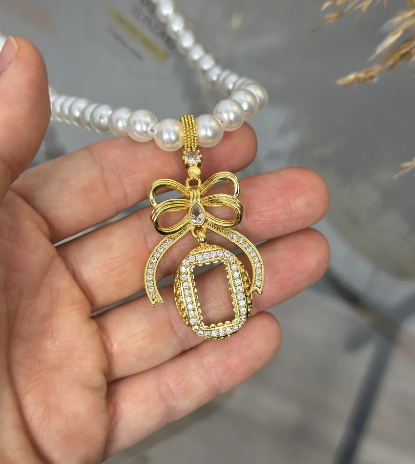 Oval Gram Altınlık Fiyonklu İnci Kolye (50 cm)