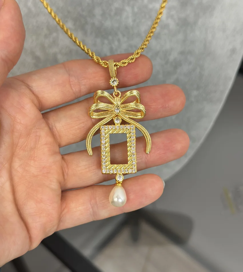 Gram Altınlık İncili Fiyonklu Burgu Kolye (60 cm)