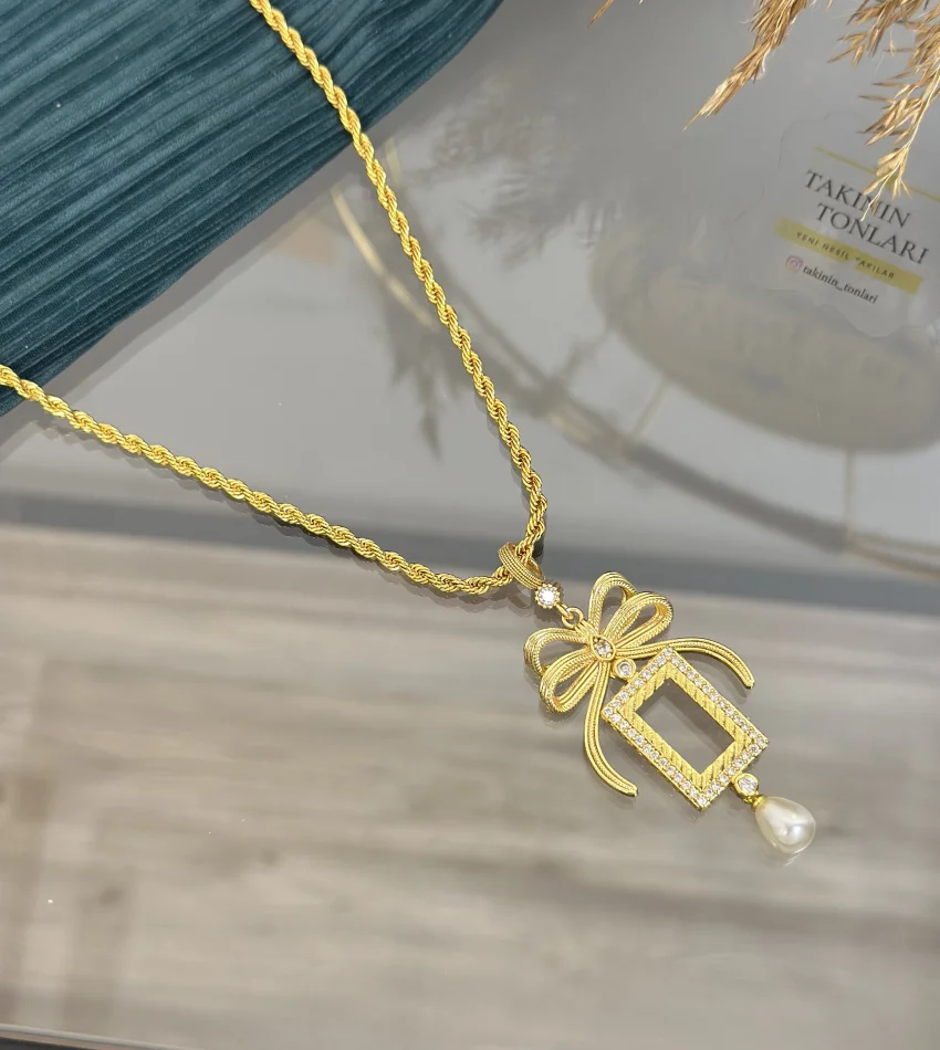 Gram Altınlık İncili Fiyonklu Burgu Kolye (60 cm)