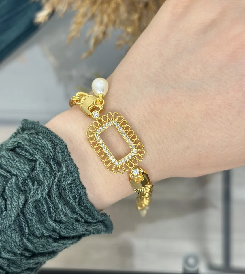 Gram Altınlık İşlemeli İncili Samanyolu Bileklik (19+3 cm)