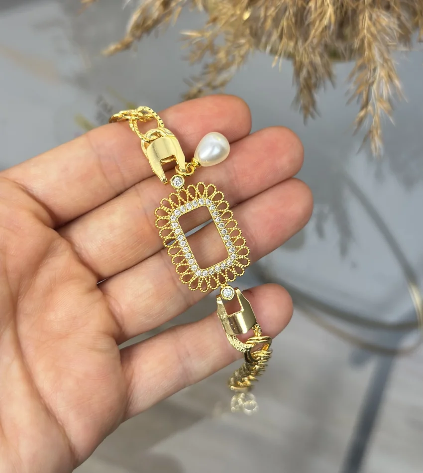 Gram Altınlık İşlemeli İncili Samanyolu Bileklik (19+3 cm)